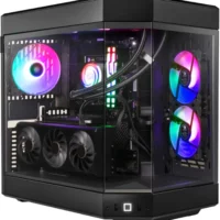 iBUYPOWER Y60 Gaming Desktop PC with Intel Core i9-13900KF, NVIDIA GeForce RTX 4070, 32GB DDR5 RGB RAM, and 1TB SSD in black chassis with liquid cooling