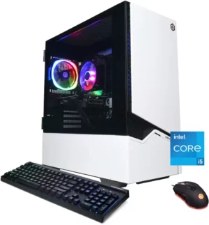 Side view of CyberPowerPC Gamer Xtreme Desktop showcasing customizable RGB case lighting and clear side panel.