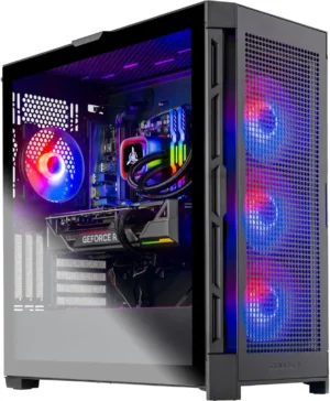 Skytech Gaming BLAZE 4 desktop with a black case, tempered glass panel, and RGB-lit cooling fans, featuring an NVIDIA RTX GPU and AMD Ryzen processor